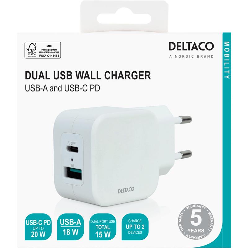 Deltaco dobbelt USB vægoplader 18 W USB A og 20 W USB C hvid