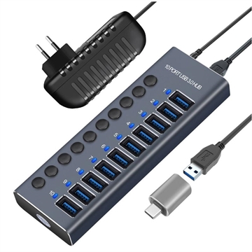 10-ports USB 3.0 Hub med individuelle strømafbrydere - Grå