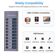 10-ports USB 3.0 Hub med individuelle strømafbrydere - Grå