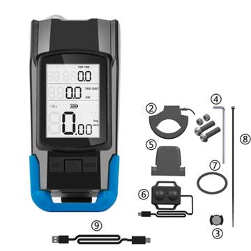 3-i-1 cykellygte cykelhastighedsmåler USB genopladelig cykelcomputer 120dB cykelklokkehorn - blå