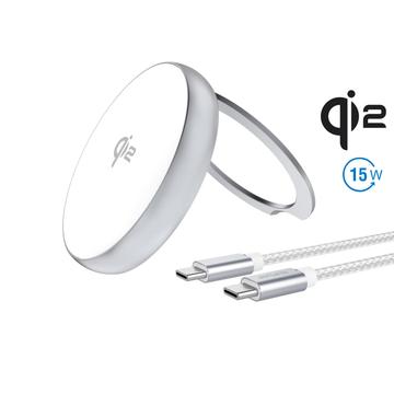 4smarts Qi2 hurtig trådløs oplader med kickstand - MagSafe-kompatibel - 15W - Hvid / Sølv