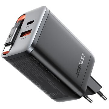 Acefast A111 67W GaN-oplader med udtrækkeligt USB-C-kabel, USB-C- og USB-A-porte - EU-stik