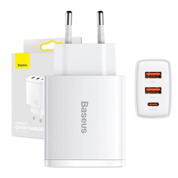 Baseus Compact Hurtig Oplader 30W - USB-C PD, 2xUSB - Hvid