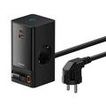 Baseus PowerCombo Digital Power Strip 65W m. udtrækkeligt USB-C-kabel - 2xAC, USB-C, USB-A - Sort