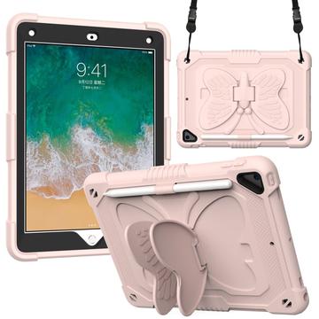 Sommerfugleformet kickstand PC + silikone tablet cover med skulderrem til iPad 9,7 tommer (2018)/(2017)/iPad Air 2 - pink