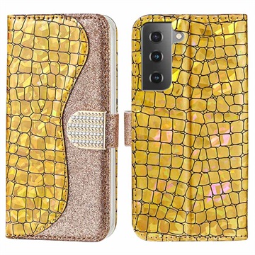 Croco Bling Series Samsung Galaxy S21 FE 5G Etui med Pung - Guld