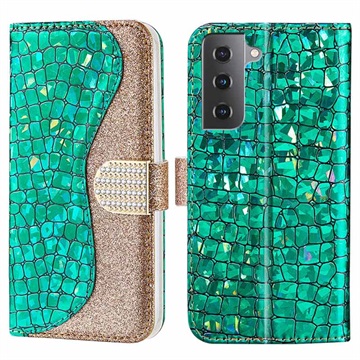 Croco Bling Series Samsung Galaxy S21 FE 5G Etui med Pung - Grøn