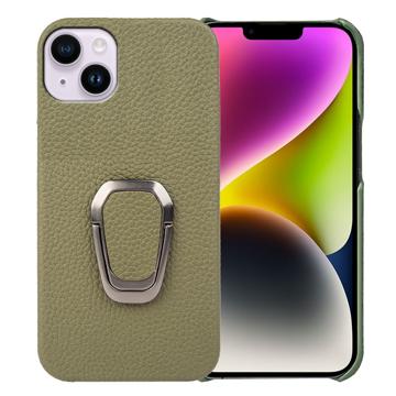 iPhone 14 Plus Læder Belagt Cover med Ring Holder - Mørkegrøn