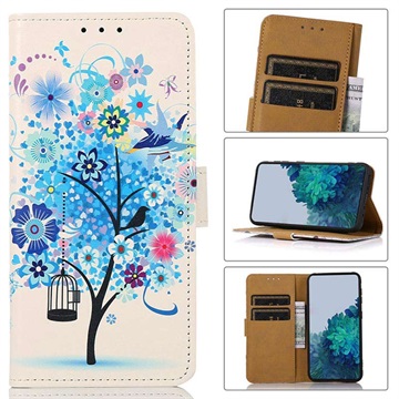 Glam Series Samsung Galaxy S21 FE 5G Pung Cover - Blomstrede Træ / Blå