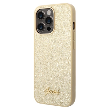 Guess Glitter Flakes Metal Logo iPhone 14 Pro Hybrid Cover - Guld