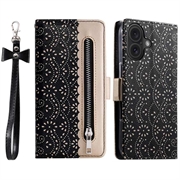 iPhone 16 Lace Pattern Etui med Pung - Sort