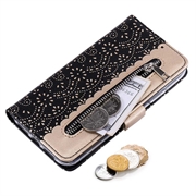 iPhone 16 Lace Pattern Etui med Pung - Sort