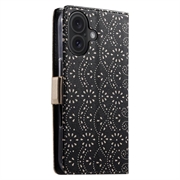 iPhone 16 Lace Pattern Etui med Pung - Sort