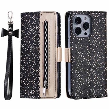 iPhone 16 Pro Lace Pattern Etui med Pung - Sort