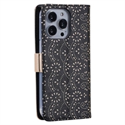 iPhone 16 Pro Lace Pattern Etui med Pung - Sort