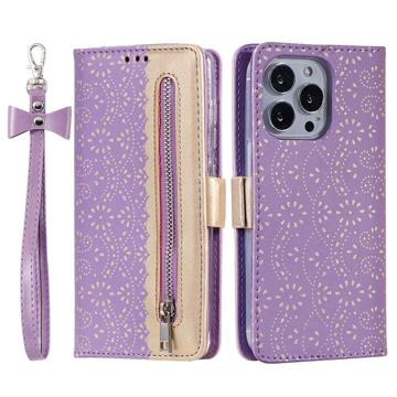 Lace Pattern iPhone 14 Pro Max Etui med Pung - Lilla