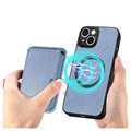 iPhone 14 Magnetisk Cover med Kortholder - Karbonfiber - Blå