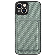 iPhone 15 Plus Magnetisk Cover med Kortholder - Karbonfiber - Grøn