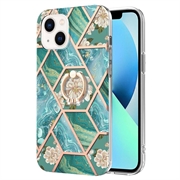 iPhone 15 Plus Marble Pattern IMD TPU Cover med Ring Holder - Grøn