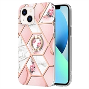 iPhone 15 Plus Marble Pattern IMD TPU Cover med Ring Holder - Pink / Hvid