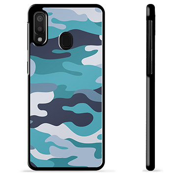 Samsung Galaxy A20e Beskyttende Cover - Blå Camouflage