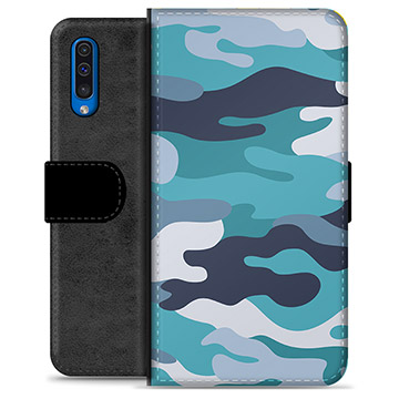Samsung Galaxy A50 Premium Flip Cover med Pung - Blå Camouflage