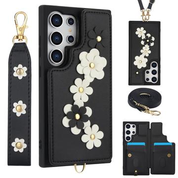 Samsung Galaxy S24 Ultra Blomsterdekoration Cover med Rem - Sort