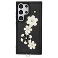 Samsung Galaxy S24 Ultra Blomsterdekoration Cover med Rem - Sort