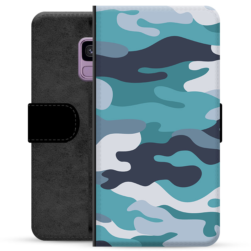 Samsung Galaxy S9 Premium Flip Cover med Pung - Blå Camouflage