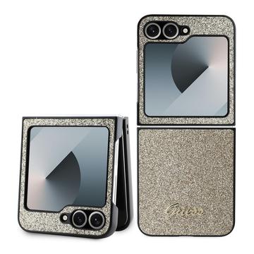 Samsung Galaxy Z Flip6 Guess Glitter Flakes Metal Logo Hybrid Cover - Guld