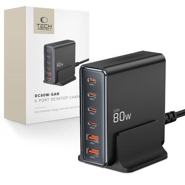 Tech-Protect DC80W GaN 6-Port Skrivebordsoplader med 4x PD USB-C, 2x QC 3.0 USB-A - Sort