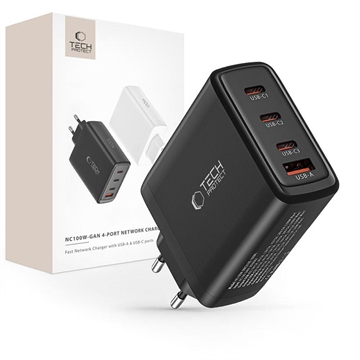 Tech-Protect NC100W-GAN 4-Ports Netværksoplader 100W - 3xUSB-C, USB-A - Sort