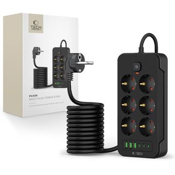 Tech-Protect PC6X6 Strømstik - 3 USB-A, 3 USB-C, 6 stikkontakter med 200cm kabel - Sort