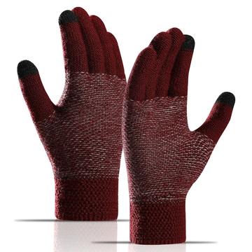 WM 1 par unisex-strikkede, varme handsker med touchscreen og strækbare vanter med strikforing - vinrød