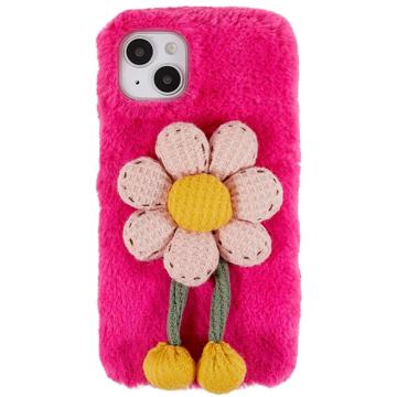 3D Plush Furry Vinter iPhone 14 Plus TPU Cover - Hot Pink Blomste