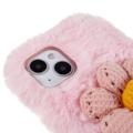 3D Plush Furry Vinter iPhone 14 Plus TPU Cover - Pink Blomst