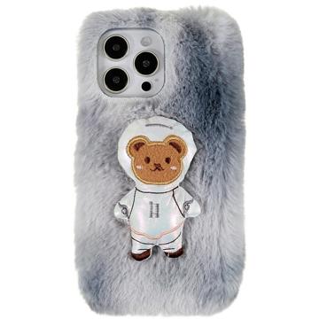 3D Plush Furry Vinter iPhone 14 Pro Max TPU Cover - Grå Bjørn