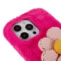 3D Plush Furry Vinter iPhone 14 Pro TPU Cover - Hot pink blomste