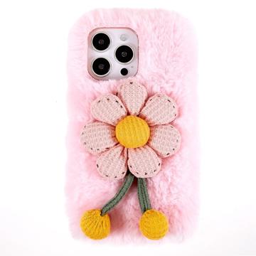 3D Plush Furry Vinter iPhone 14 Pro TPU Cover - Pink blomst
