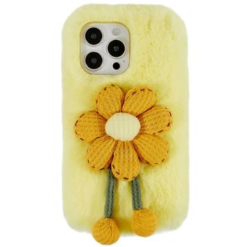 3D Plush Furry Vinter iPhone 14 Pro TPU Cover - Gul blomst