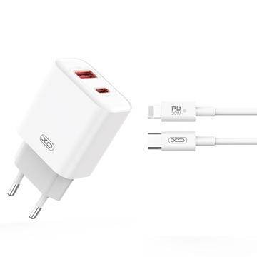 XO CE12 hurtig vægoplader m. Lightning kabel - 20W, QC, PD - hvid