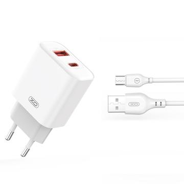 XO CE12 Hurtig vægoplader m. MicroUSB-kabel - 20W, QC, PD - Hvid