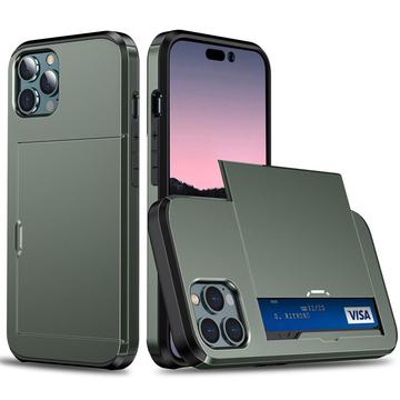 iPhone 14 Pro Hybrid Cover med Glidende Kortslot - Army Grøn