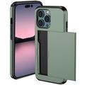 iPhone 14 Pro Hybrid Cover med Glidende Kortslot - Army Grøn