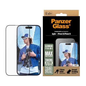 iPhone 15/16 PanzerGlass Aluminum Frame Ultra-Wide Fit Skærmbeskyttelse Hærdet Glas - 9H - sort kant