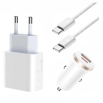 iPhone 15 Pro/15 Pro Max/16 Pro/16 Pro Max 20W oplader + biloplader m.kabel 2m - hvid