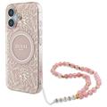 iPhone 16 Guess IML Flowers Allover Electro Cover med Perlestrop - MagSafe-kompatibel - Pink