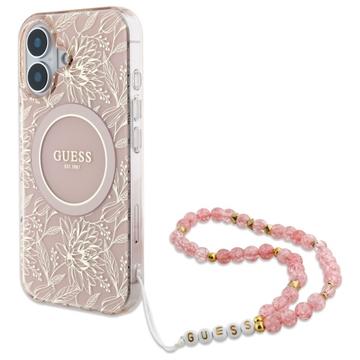 iPhone 16 Guess IML Flowers Allover Electro Cover med Perlestrop - MagSafe-kompatibel