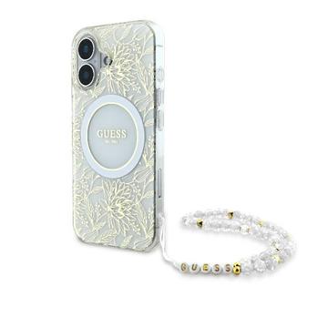 iPhone 16 Guess IML Flowers Allover Electro Cover med Perlestrop - MagSafe-kompatibel