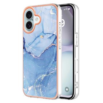 iPhone 16 Marmormønster Galvaniseret IMD TPU Cover - Blå